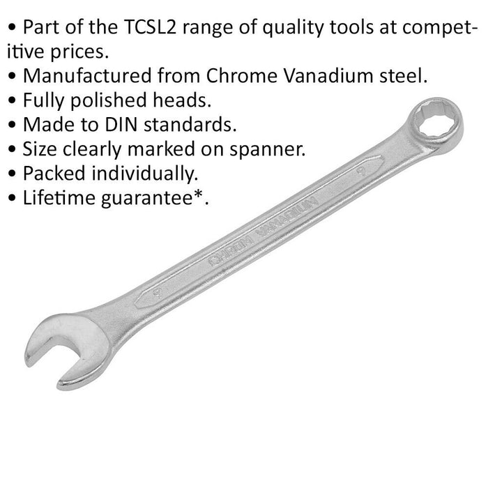 9mm Combination Spanner - Fully Polished Heads - Chrome Vanadium Steel Loops