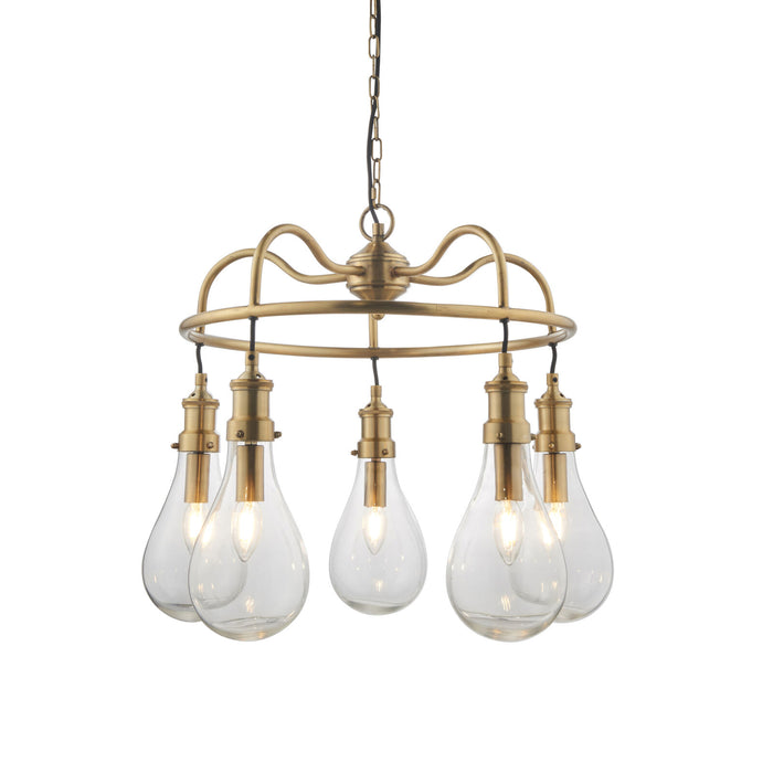 Ceiling Pendant Light - Antique Brass Plate & Clear Glass - 5 x 6W LED E14 Loops