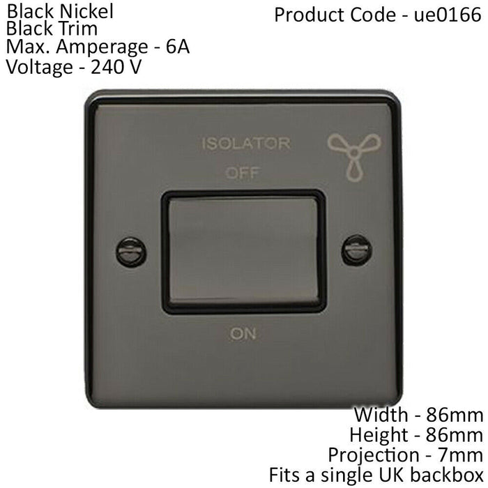 6A Extractor Fan Isolator Switch BLACK NICKEL & Black Trim 3 Pole Shower Loops