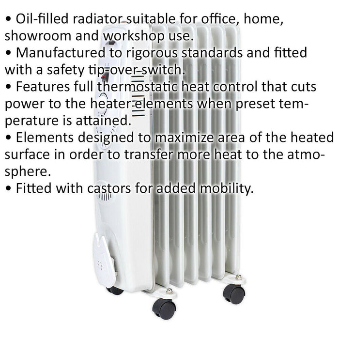 1500W 7 Element Oil-Filled Radiator - Thermostat Control - Castor Wheels - 230V Loops