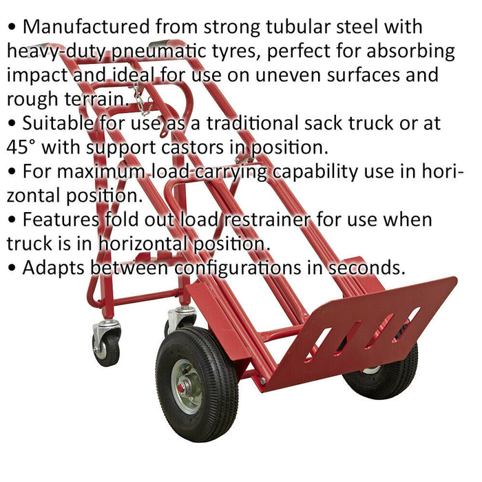 250kg Heavy Duty 3 in 1 Sack Truck & Pneumatic Tyres - 45° Support Trolley Legs Loops