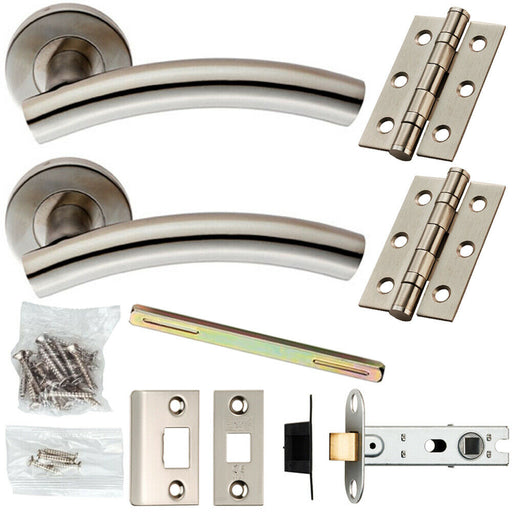 Door Handle & Latch Pack Satin Steel Arched Lever on Screwless Round Rose Loops