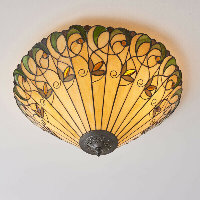 Tiffany Glass Semi Flush Ceiling Light Amber Floral Inverted Round Shade i00051 Loops