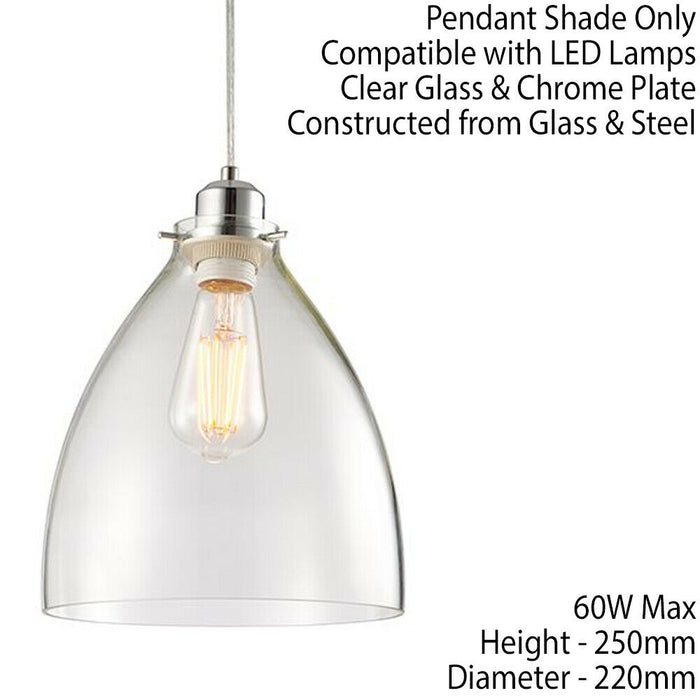 Hanging Ceiling Pendant Light Shade Clear Glass & Chrome Slim Round Dome Bowl Loops