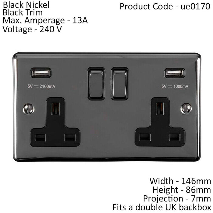 2 Gang Single UK Plug Socket & Dual 2.1A USB BLACK NICKEL & Black 13A Switched Loops