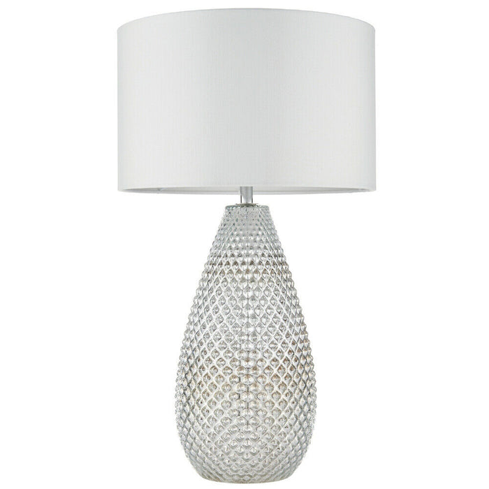 Modern Textured Table Lamp Chrome Glass Base & White Shade Bedside Feature Light Loops