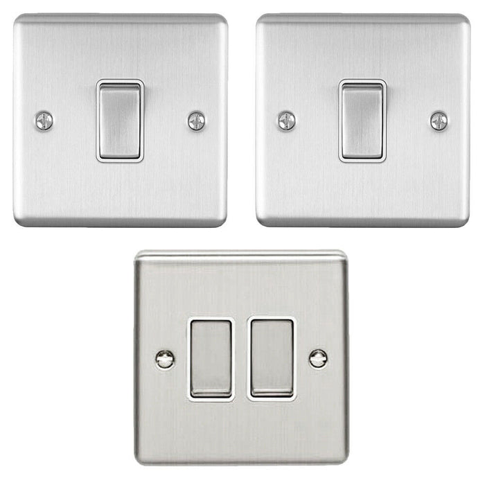 Light Switch Pack - 2x Single & 1x Double Gang - SATIN STEEL / Grey 2 Way 10A Loops