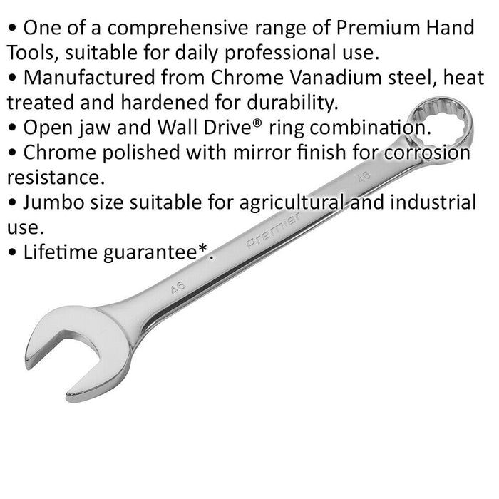 46mm EXTRA LARGE Combination Spanner - Open Ended & 12 Point Metric Ring Wrench Loops