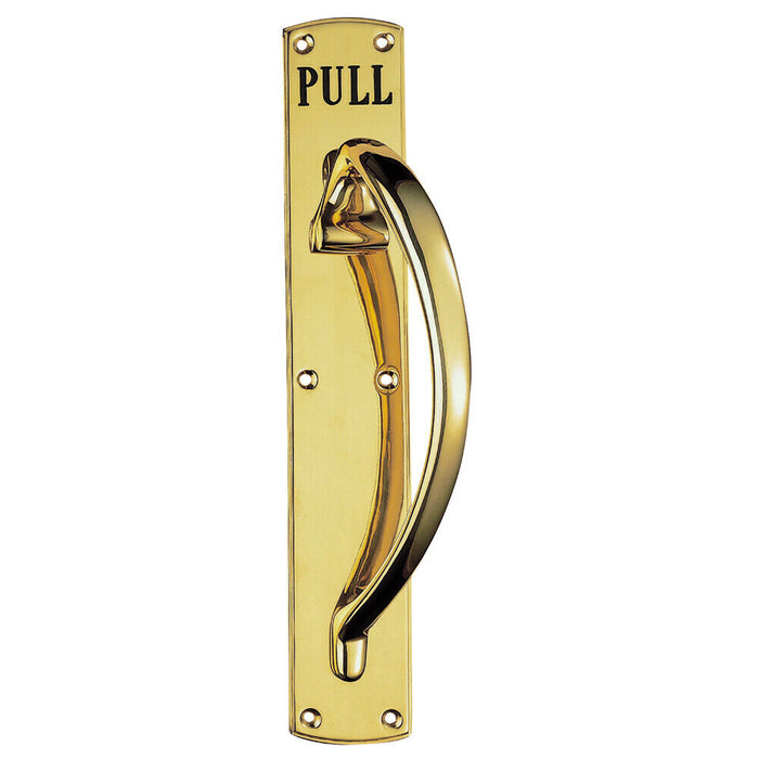 Curved Right Handed Door Pull Handle Engraved with 'Pull' Polished Brass Loops