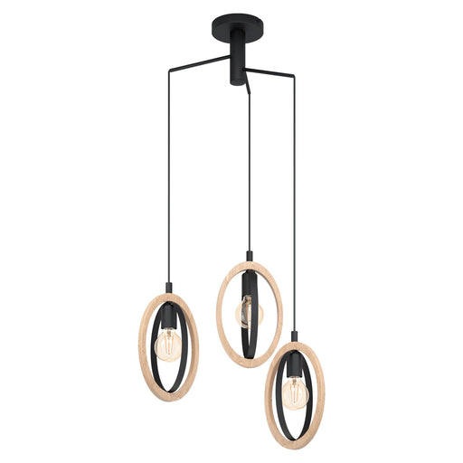 Hanging Ceiling Pendant Light Black & Wood Hoop Shade 3x 40W E27 Bulb Loops
