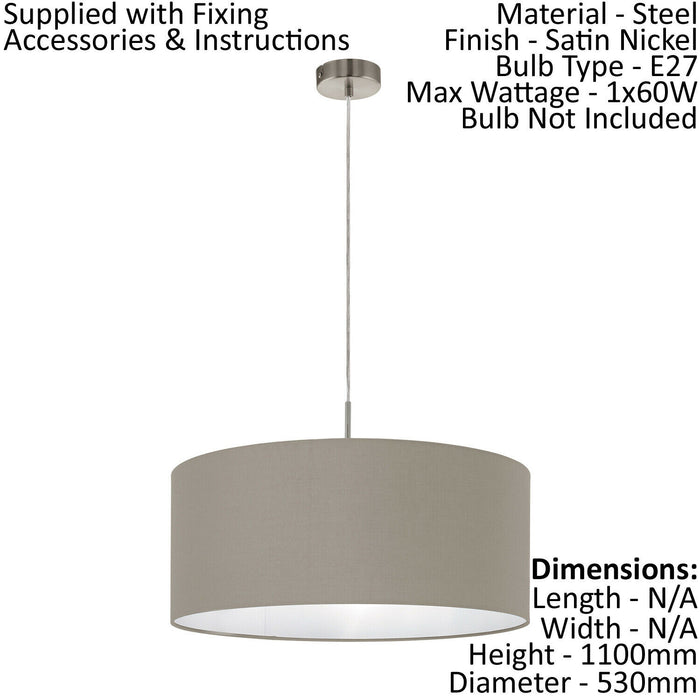 Pendant Light Colour Satin Nickel Steel Shade Taupe Fabric Bulb E27 1x60W Loops