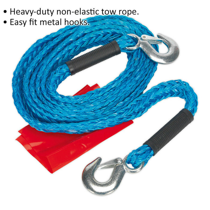 4m Heavy Duty Tow Rope - 2000kg Rolling Load Capacity - Easy Fit Metal Hooks Loops