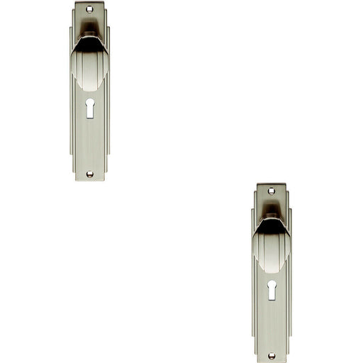 2x PAIR Line Detailed Door Knob on Lock Backplate 205 x 45mm Satin Nickel Loops