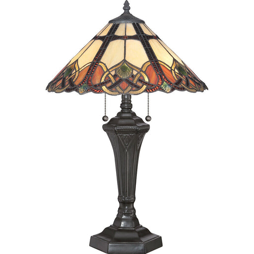 2 Bulb Table Lamp Tiffany Style Coloured Glass Vintage Bronze Base LED E27 75W Loops