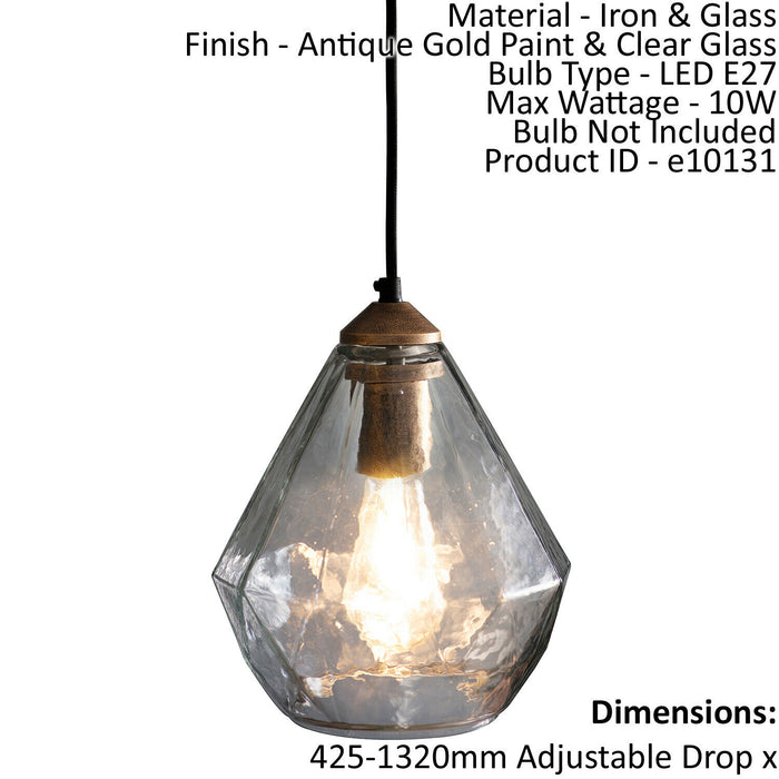 Ceiling Pendant Light Antique Gold Paint & Clear Glass 10W LED E27 Loops