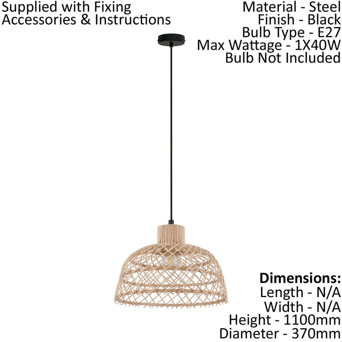 Hanging Ceiling Pendant Light Wicker Wood 1 x 40W E27 Hallway Feature Lamp Loops