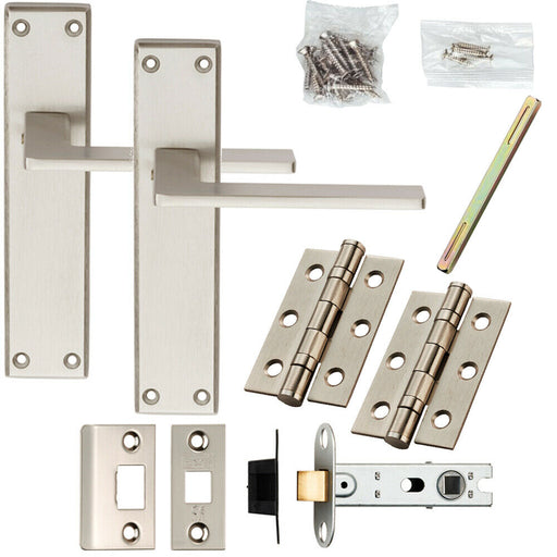 Door Handle & Latch Pack Satin Chrome Slim Straight Lever Square Backplate Loops