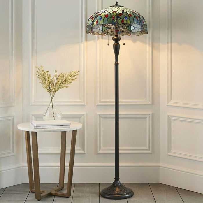 Tiffany Glass Dragonfly Floor Lamp - Dark Bronze Finish - 2 x 60W E27 GLS LED Loops