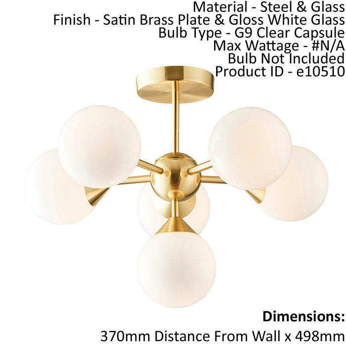 Semi Flush Ceiling Light Satin Brass Plate & Gloss White Glass 6 x 18W G9 Loops