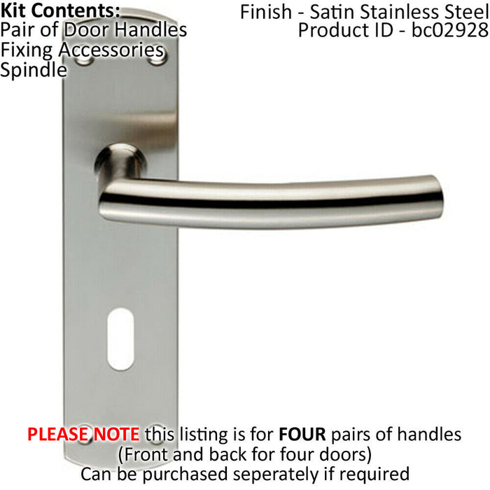 4x Curved Bar Lever Door Handle on Lock Backplate 172 x 44mm Satin Steel Loops