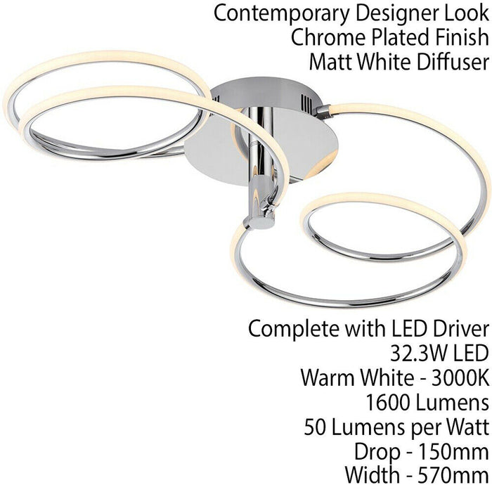 LED Semi Flush Ceiling Light 32W Warm White Chrome Infinity Hoop Strip Feature Loops