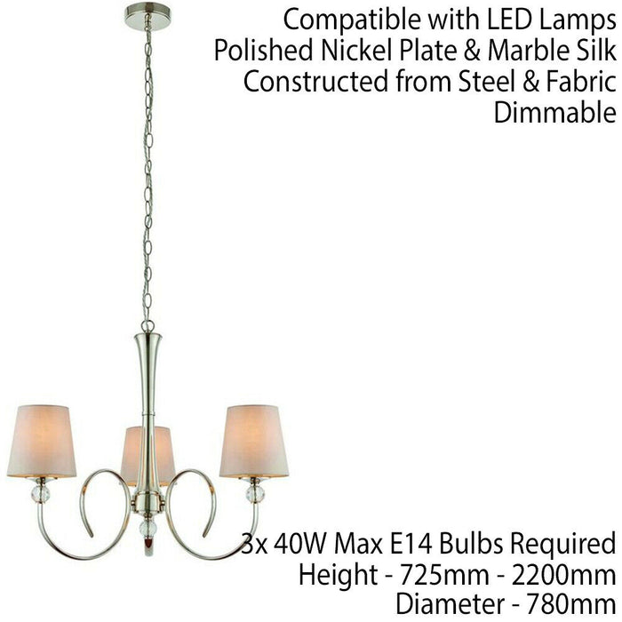 Luxury Hanging Ceiling Pendant Light Bright Nickel Marble Silk 3 Lamp Chandelier Loops