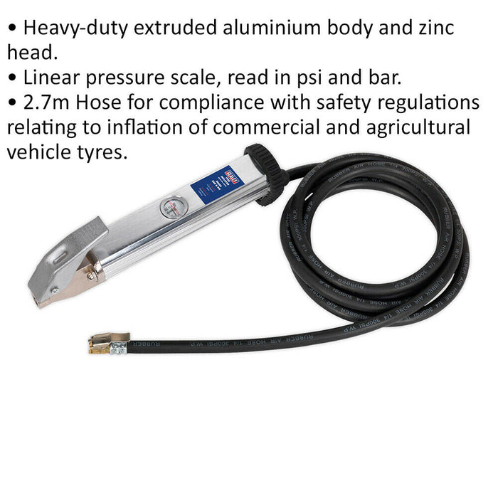 Premium Tyre Inflator - Clip-On Connector Heavy Duty Aluminium Body & 2.7m Hose Loops