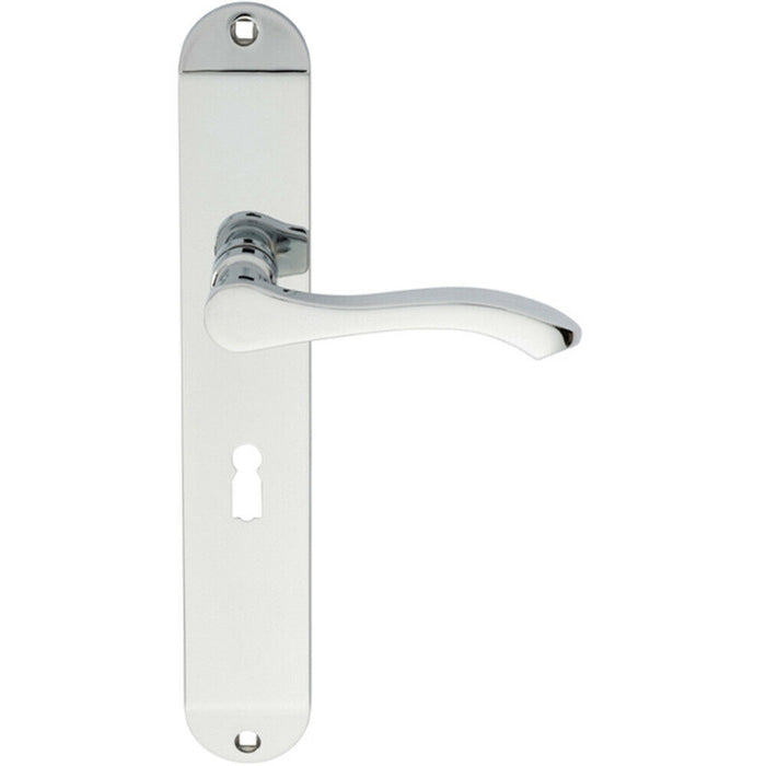 PAIR Scroll Lever Door Handle on Lock Backplate 242 x 40mm Polished Chrome Loops