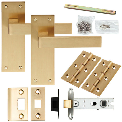 Door Handle & Latch Pack Satin Brass Straight Square Lever Slim Backplate Loops