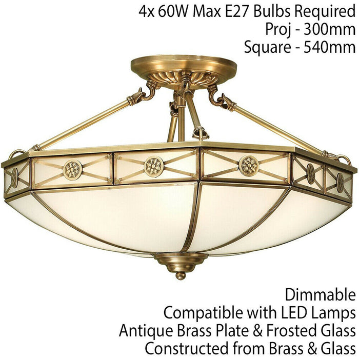 Luxury Semi Flush Ceiling Light Antique Brass Frosted Glass Traditional Pattern Loops