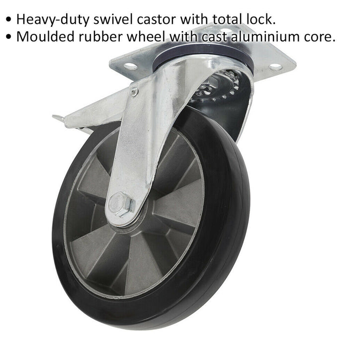 125mm Heavy Duty Swivel Plate Rubber Castor Wheel - 50mm Tread -Total Lock Brake Loops