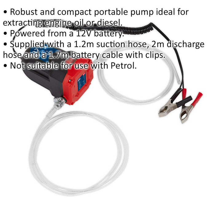 Oil Transfer Pump - Compact & Portable -1.2m Suction Hose - 2m Discharge Hose Loops