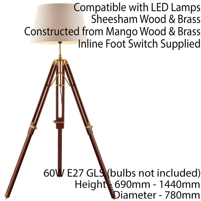 Adjustable Tripod Floor Lamp Mango Wood Standing Height Living Room Light Base Loops