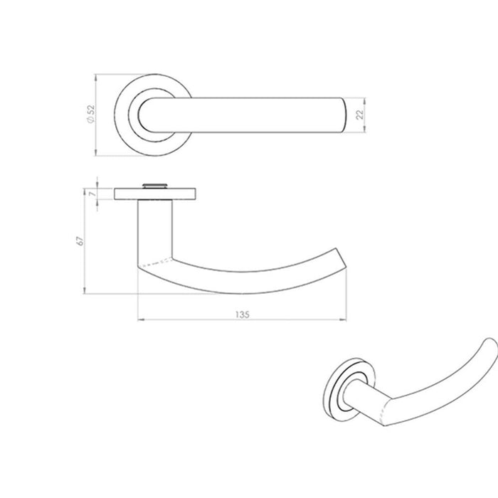 Door Handle & Latch Pack Satin Steel Curved Lever Bar Screwless Round Rose Loops