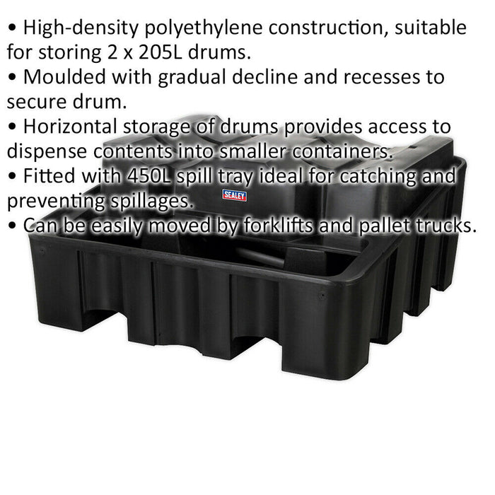 Heavy Duty 2 Drum Storage Rack - Horizontal Dispensing - 450L Spill Tray Loops