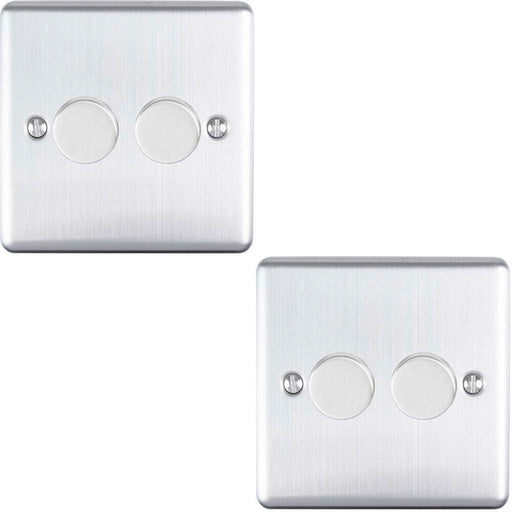 2 PACK 2 Gang 400W 2 Way Rotary Dimmer Switch SATIN STEEL Light Dimming Plate Loops