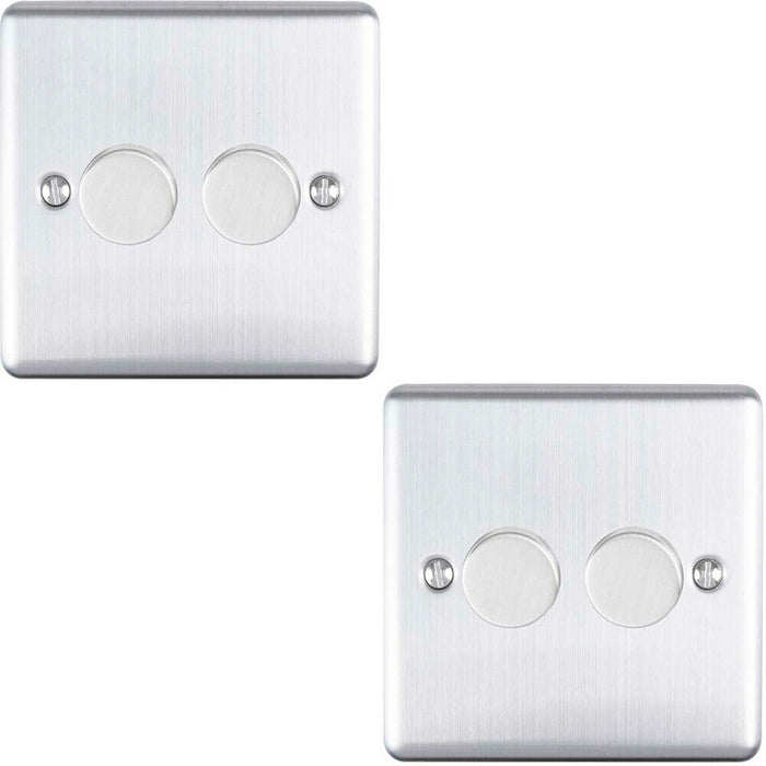 2 PACK 2 Gang 400W 2 Way Rotary Dimmer Switch SATIN STEEL Light Dimming Plate Loops