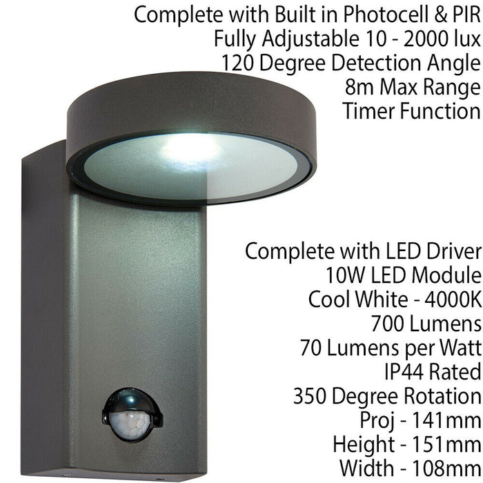 IP44 Outdoor Anthracite Wall Light PIR Motion Sensor & Photocell 10W Cool White Loops