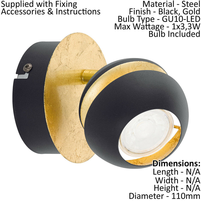 Wall 1 Spot Light Round Black & Gold Shade and Back Plate Bulb GU10 1x3.3W Inc Loops