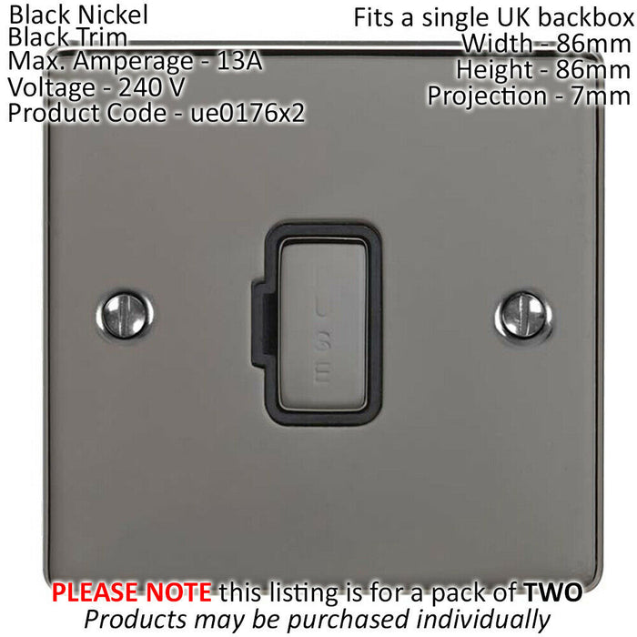 2 PACK 13A DP Unswitched Fuse Spur BLACK NICKEL Black Mains Isolation Wall Plate Loops