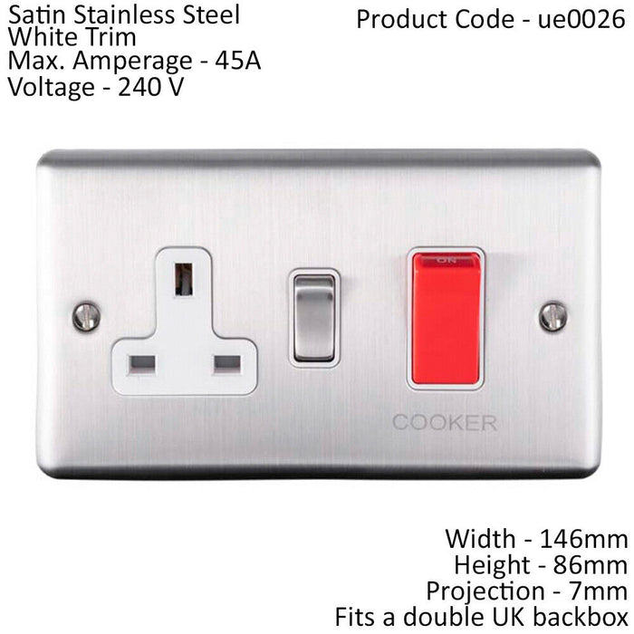 45A DP Oven Switch & Single 13A Switched Power Socket SATIN STEEL & White Trim Loops
