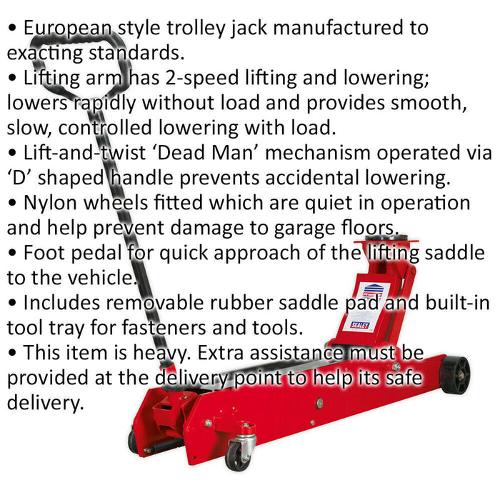 European Style Trolley Jack - 10 Tonne Capacity - 576mm Max Height - Foot Pedal Loops