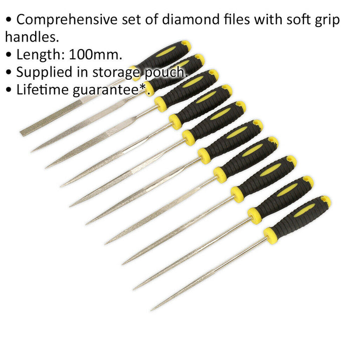 10 Piece 100mm Diamond Needle File Set - Comfort Grip Handles - Precision Files Loops