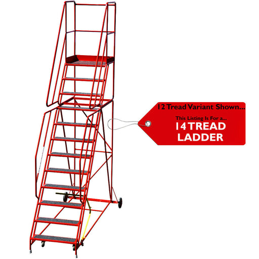14 Tread HEAVY DUTY Mobile Warehouse Stairs Anti Slip Steps 4.15m Safety Ladder Loops