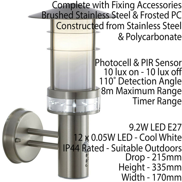 2 PACK IP44 Outdoor LED Light Brushed Steel PIR Wall Lantern Security Outdoor Loops