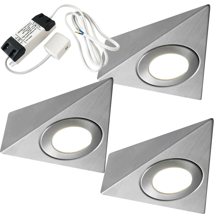 3x 2.6W Kitchen Pyramid Triangle Spot Light & Driver Stainless Steel Warm White Loops