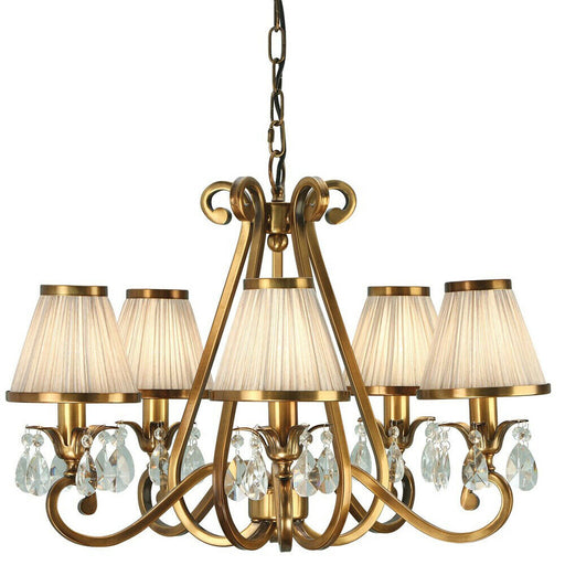 Esher Ceiling Pendant Chandelier Brass Crystal & Beige Shades 5 Lamp Light Loops