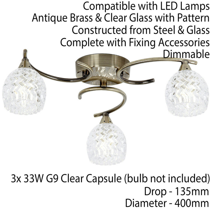Semi Flush Ceiling Light Brass Textured Glass 3 Bulb Hanging Pendant Lamp Shade Loops