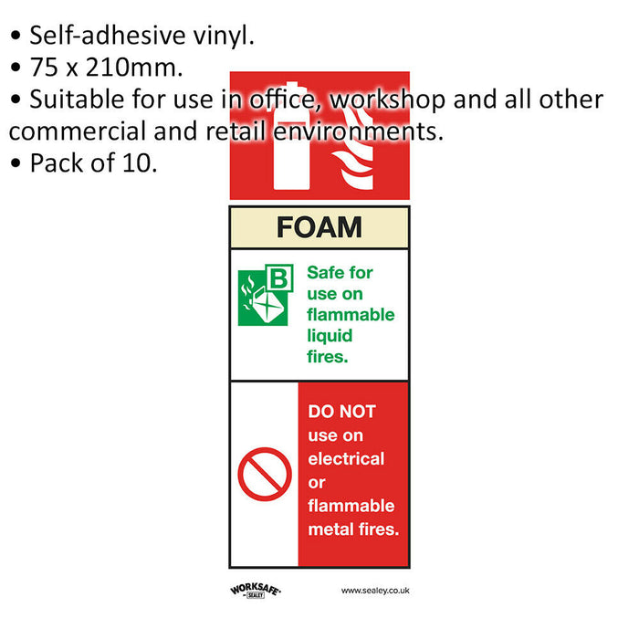 10x FOAM FIRE EXTINGUISHER Safety Sign - Self Adhesive 75 x 210mm Sticker Loops