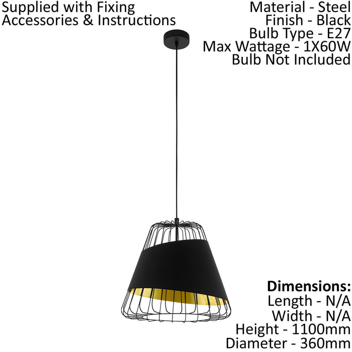 Hanging Ceiling Pendant Light Black & Gold 1 x 60W E27 Hallway Feature Lamp Loops
